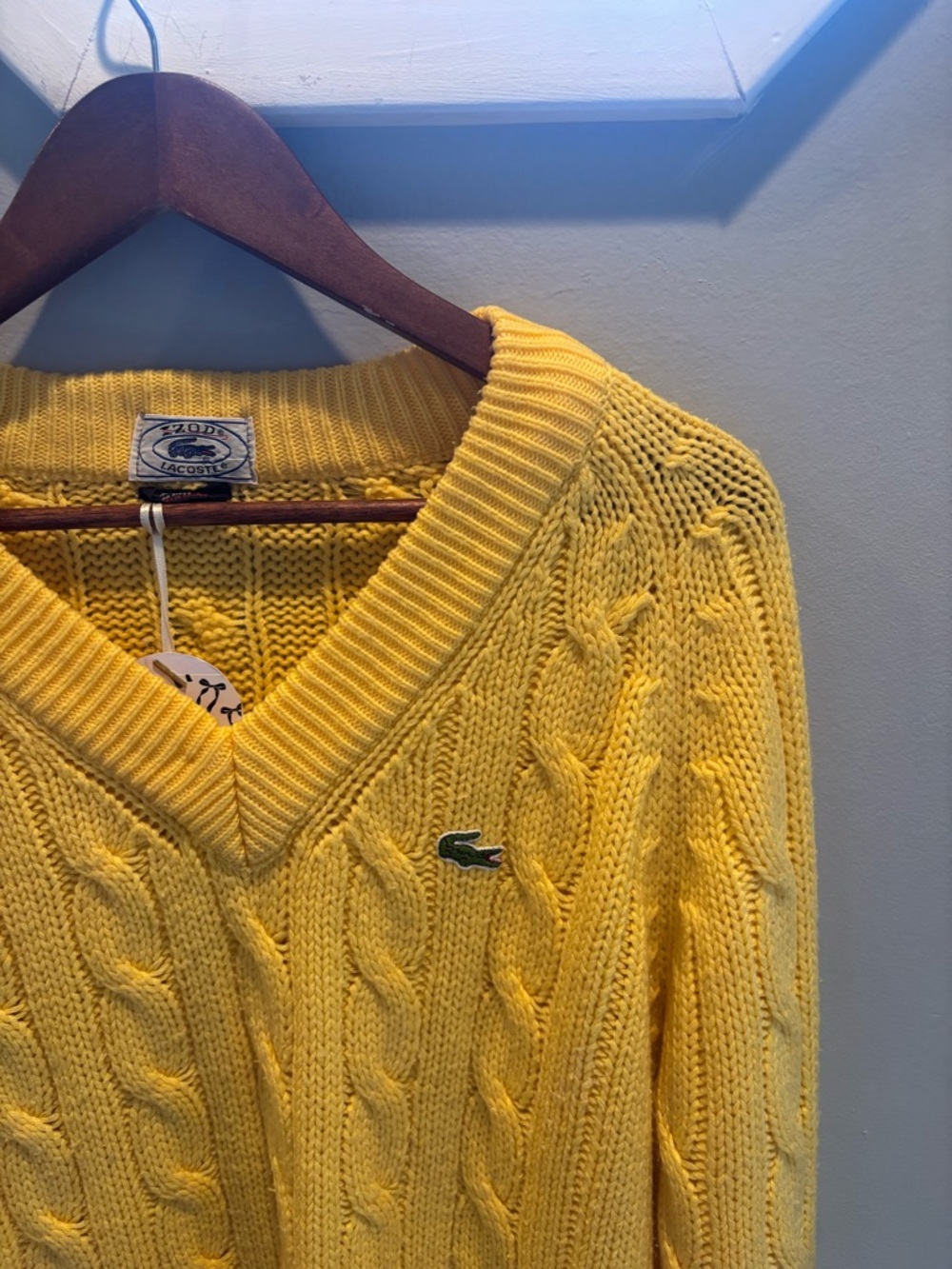 Vintage Lacoste Yellow V-Neck Cable Knit Sweater - Picture 3 of 3